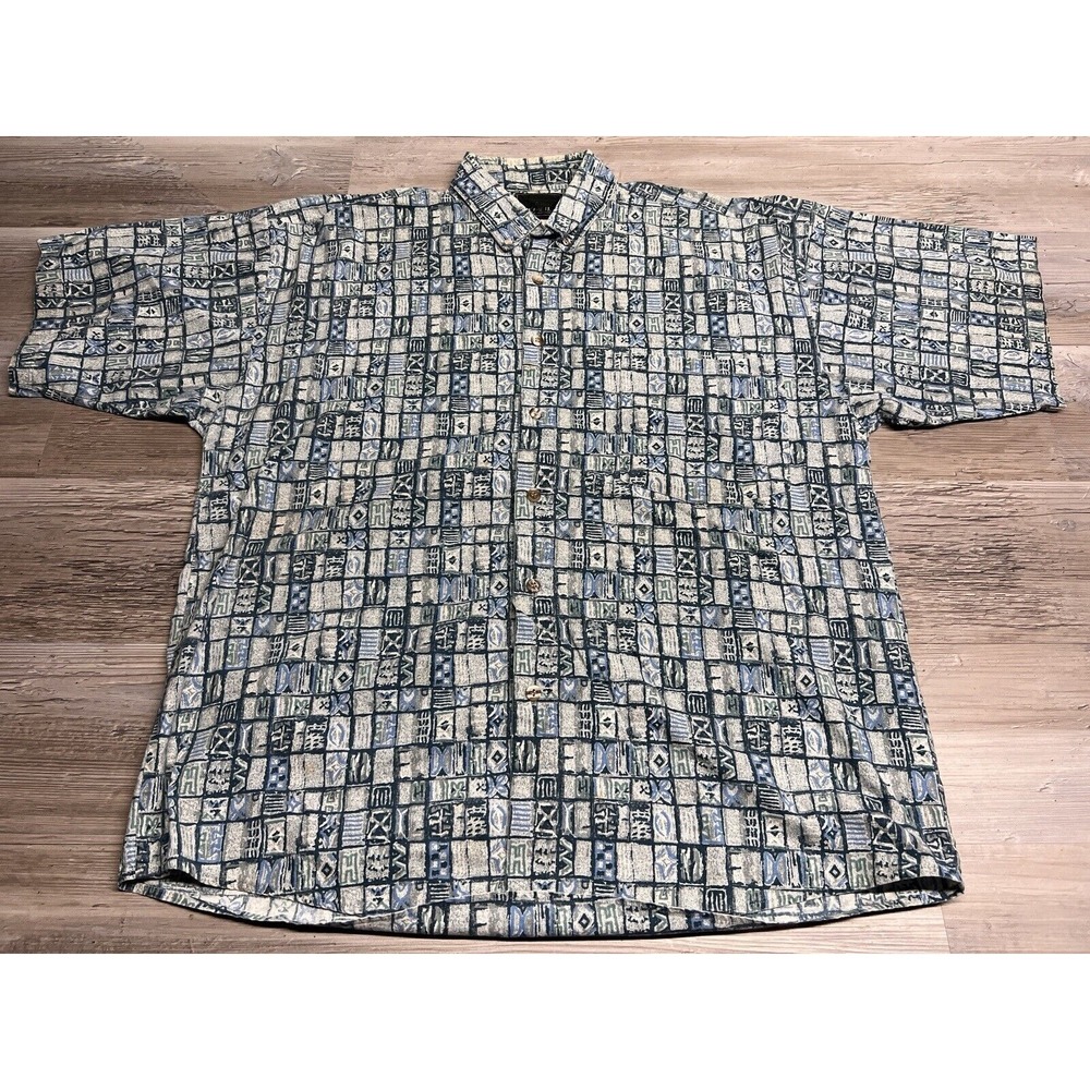 Vintage Frank Shirt Mens X-Large Blue USA Made Hawaiian Casual Tropical Tribal‎